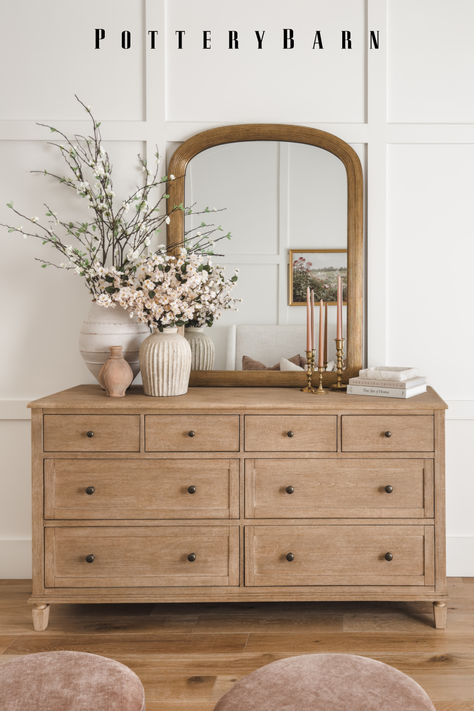 The Sausalito 8-Drawer Dresser adds plenty of storage while providing the perfect space for a bedroom vignette.   📷: @alexisandraaustin Dresser Top Decor Ideas, Neutral Wood Tones, Dresser Top Decor, Textured Vases, Beautiful Bedroom Inspiration, Light Wood Dresser, Top Decor Ideas, Wooden Bedroom Furniture, Spring Bedroom