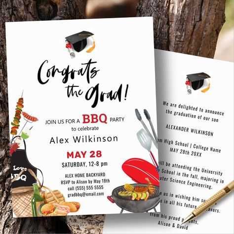 Graduation Bbq Party, Graduation Bbq, Bbq Theme, Bbq Party Invitations, Outdoor Graduation Parties, Bbq Invitation, Barbecue Party, Graduation Announcement, The Graduate