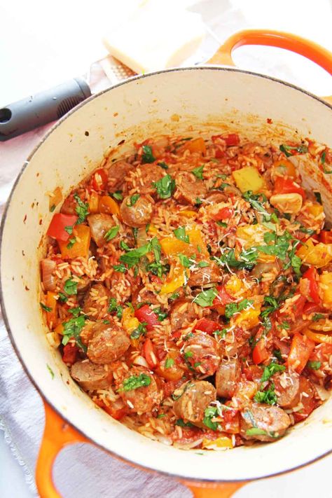 Sausage And Pepper Orzo, Sausage And Pepper Sandwich, Sausage Tomatoes And Rice, Sausage Pepper And Rice Skillet, Stuffed Bell Peppers Sausage Rice, Sausage And Pepper Rice Bowl, Pepper Rice Recipe, Sausage And Peppers Sandwich, One Pot Sausage