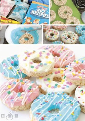 These Donut Rice Krispies Treats® are one adorable dessert recipe that would be perfect for a themed birthday party or a sleepover. Use Rice Krispies® cereal, marshmallows, and vanilla to create the base of this fun treat. Then, use colorful melted chocolate and sprinkles to decorate. You could even set up a DIY dessert bar to share these sweets with party guests. Diy Dessert Bar, Doughnut Party, Donut Themed Birthday Party, School Dinners, Birthday Donuts, Rice Krispies Treats, Donut Birthday Parties, Krispies Treats, Diy Desserts