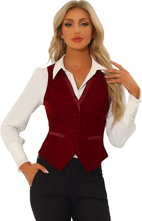 Allegra K Velvet Suit Waistcoat for Women's Retro Sleeveless Steampunk Blazer Dressy Vest Medium Burgundy at Amazon Women's Coats Shop Burgundy Vest Outfits For Women, Red Vest Suit, Red Vest Outfits For Women, Red Vest Outfit, Pink Capsule Wardrobe, Velvet Waistcoat, Dressy Vest, Magic Rabbit, Rabbit Halloween