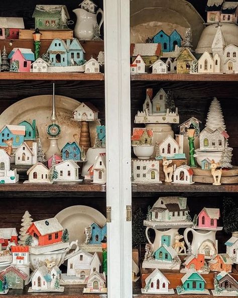 Who wants to move into this charming “putz... - My Weathered Home | Facebook Vintage Christmas Diorama, Christmas Vignettes Display, Christmas Diorama, Christmas Vignettes, Glitter Houses, Christmas Glitter, Putz Houses, Pink House, 2024 Christmas