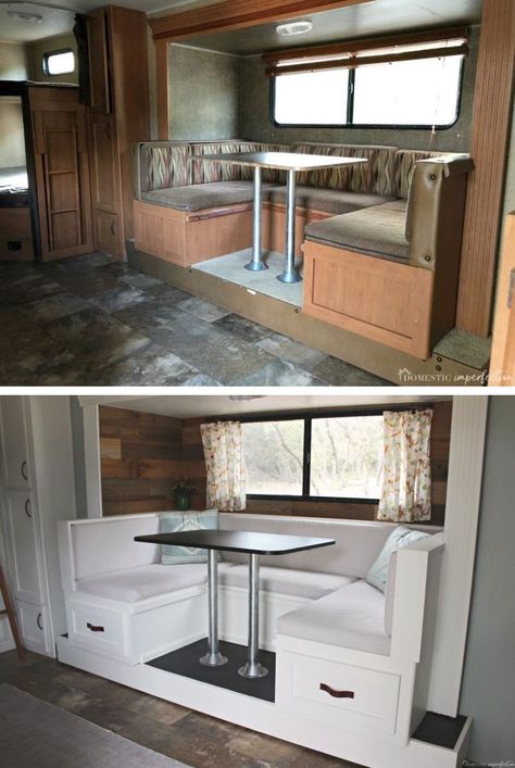 14 Easy & Impressive RV Makeover Ideas on a Budget • The Motorized Home Easy Camper Upgrades, Small Camper Makeover Ideas, Remodeling Campers Interior On A Budget, Old Camper Renovation On A Budget, Camper Themes, Small Camper Decorating Ideas, Camper Makeover On A Budget, Camper Renovation On A Budget, How To Remodel A Camper