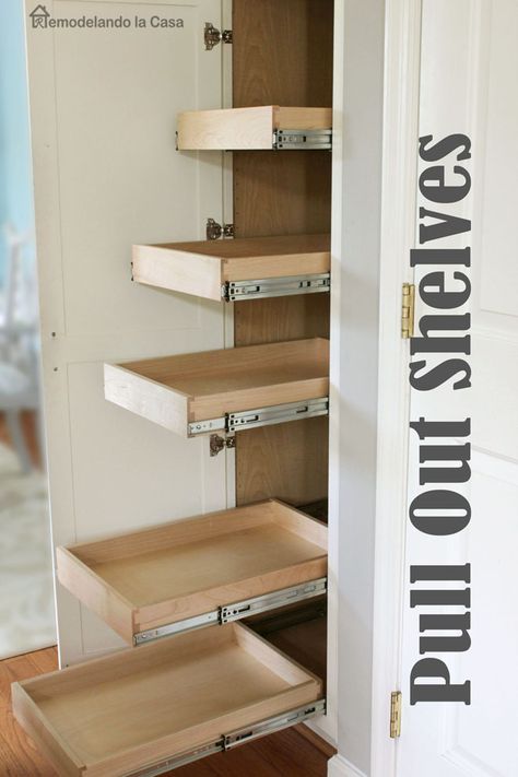 Diy Pull Out Shelves, Build Cabinets, تحت الدرج, Diy Cupboards, Kitchen Shelves Organization, Kitchen Ikea, Desain Pantry, Cupboard Shelves, Kitchen Storage Shelves