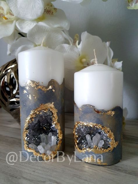 Excited to share the latest addition to my #etsy shop: Concrete gray/gold geode candle set https://etsy.me/3KPPeZs #gray #birthday #mothersday #gold #soy #entryway #unscented #concretecandle #candledecor Handmade Candles Design, Geode Candle, Gold Concrete, Candle Making Studio, Candle Crafts Diy, Creative Candles, Concrete Candle, Candle Craft, Candle Art