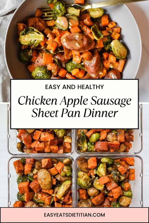 This fall harvest chicken apple sausage sheet pan dinner is not only a great meal prep lunch or dinner, but it is healthy, easy and delicious! #mealprep #fallsheetpandinner #falldinner #easydinner #fallrecipes #sheetpan #sheetpanmeal #sheetpandinner #mealprepideas #healthymealprep #fallveggies Whole30 Chicken Sausage Recipes, One Pan Lunch Ideas, Dinner Recipes Fall Easy, Chicken Apple Sheet Pan Dinner, Fall Sheet Pan Recipes, Apple Sausage Sheet Pan Dinner, Sausage Apple Sweet Potato Sheet Pan, Bruschetta Chicken Sheet Pan Dinner, Healthy One Pan Meal Prep