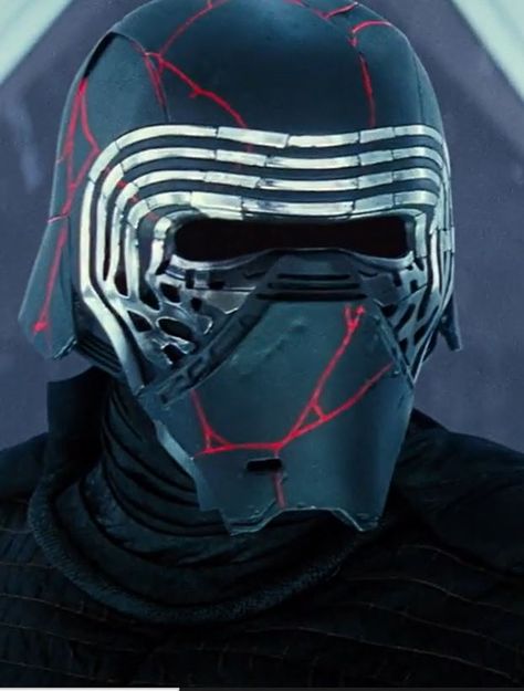 Kylo Ren and his remade helmet in The Rise of Skywalker Kylo Ren Helmet, Dark Maul, Jar Jar Binks, Ren Star Wars, Star Wars Sequel Trilogy, Knights Of Ren, Star Wars Character, Ralph Mcquarrie, Dark Vador