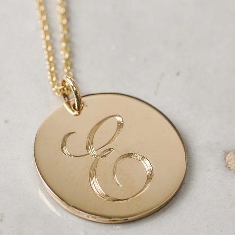 Gold Engraved Necklace, Gold Coin Pendant, Baguette Diamond Necklace, Gold Initial Pendant, Engraved Initials, Engraved Pendant, Coin Pendant Necklace, Gold Disc, Initial Pendant Necklace