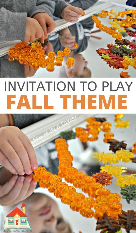 Fall Invitation to Play with Loose Parts - Stay At Home Educator Autumn Themes For Preschool, Fall Invitations To Play, Reggio Inspired Fall Provocations, Invitation To Learning Ideas, Autumn Loose Parts Play, Invitation To Play Kindergarten, Fall Loose Parts Ideas, Loose Parts Invitation To Play, Reggio Fall Activities