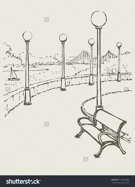 Park Perspective Drawing, Park Sketch Drawing, Park Bench Drawing, Bench Sketch, Parks Drawing, Architecture Drawing Art Buildings, Road Sketch, Park Sketch, Bench Drawing