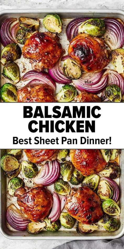 Balsamic chicken sheet pan dinner Brussels Sprouts Sheet Pan, Chicken And Brussels Sprouts, Chicken Brussel Sprouts, Balsamic Chicken Thighs, Chicken Sheet Pan Dinner, Balsamic Chicken Recipes, Chicken Sheet Pan, Red Onion Recipes, Sheet Pan Dinners Chicken