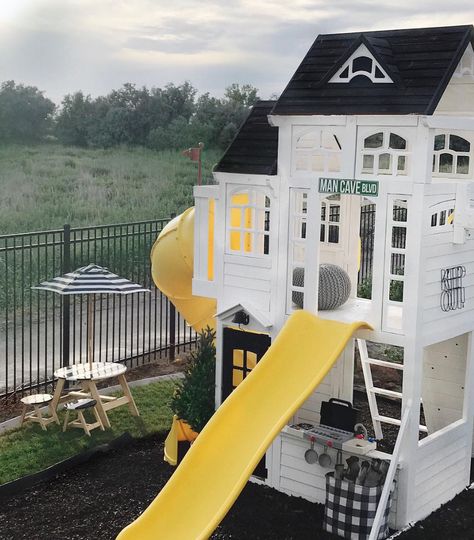 Double Decker Deluxe Playhouse Backyard Playhouse Ideas, Playset Makeover, Outdoor Playhouse Ideas, Outside Playhouse, Kids Playhouse Outdoors, Backyard Playset, Play Area Backyard, Diy Playhouse, Backyard Playhouse