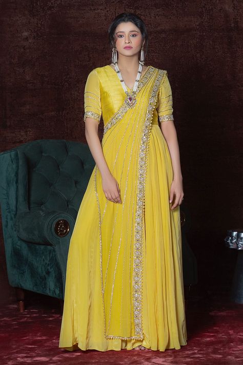 Buy Nidhika Shekhar Yellow Crepe Embroidered Silk Anarkali Online | Aza Fashions Haldi Outfits, Silk Anarkali, Anarkali Dress Pattern, Draping Fashion, Indian Party, Gaun Fashion, Indian Party Wear, Indian Gowns, Beautiful Dress Designs