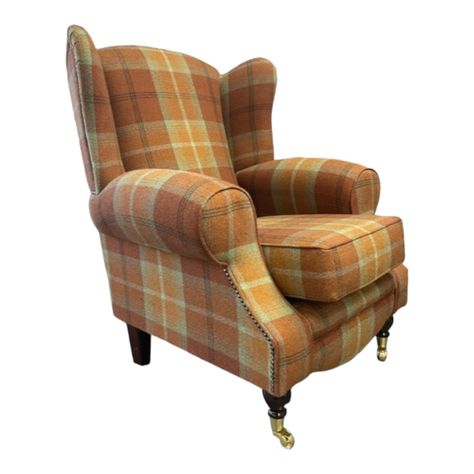 Wing Back Queen Anne Arm Chair in Balmoral Spice Tartan Fabric - Dark Wood Legs Fireside Chairs, Queen Anne Style, Chair Seat Cushion, Tartan Fabric, Weathered Oak, Chair Legs, Arm Chairs, Apartment Living Room, Queen Anne