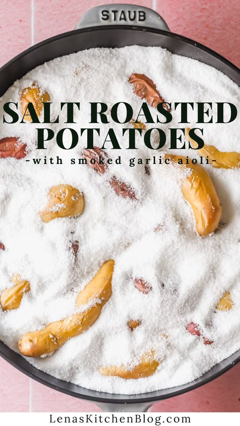 These Salt Roasted Potatoes are encrusted in kosher salt and rosemary, then baked until they’re buttery, soft, and perfectly seasoned. They’re a naturally oil free and vegetarian side dish that pairs best with homemade Smoked Garlic Aioli! Salt Roasted Potatoes, Salt Baked Potatoes, Salt Potatoes, Roasted Potatoes With Aioli, Crispy Salt And Vinegar Potatoes, Rosemary Potatoes Roasted, Finger Potatoes, Garlic Rosemary Roasted Potatoes, Baked Baby Potatoes