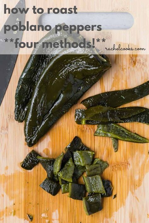 Ever wondered how to roast poblano peppers? Keep reading for 4 easy methods of roasting all varieties of peppers: oven, broiler, grill, and stovetop. Chile Relleno Soup, Ground Beef Breakfast, Poblano Peppers Recipes, Chile Relleno Casserole, Roasted Poblano Peppers, Roasted Poblano, Roasting Times, Chile Poblano, Poblano Peppers