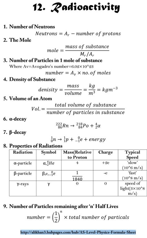 AS Level Physics Formula Sheet | HubPages Nuclear Physics Notes, A Level Physics Notes, All Physics Formulas, Physics Formula Sheet, Radioactive Elements, Formula Sheet, Science Formulas, Physics Facts, Physics Mechanics