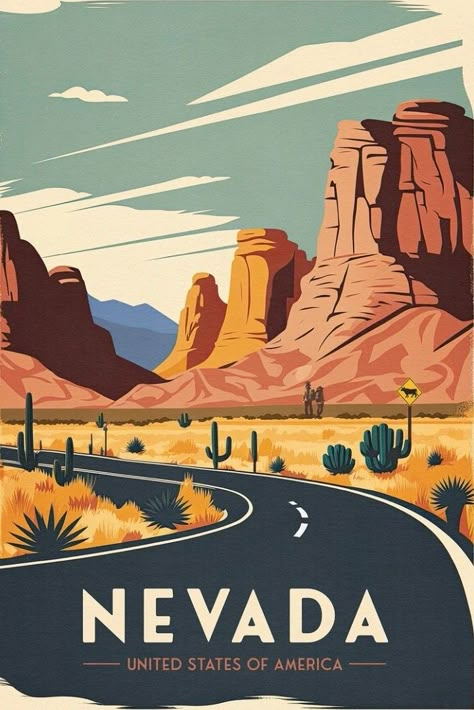 Nevada Aesthetic, Usa Landmarks, America Poster, Masculine Art, Alberta Travel, Wanderlust Decor, State Posters, Western Artwork, Nevada Travel