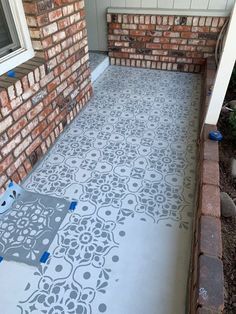 Stenciled Tile, Porch Paint, Cement Patio, Porch Tile, Painted Front Porches, Painted Patio, Porch Rug, Porch Flooring, Stenciled Floor