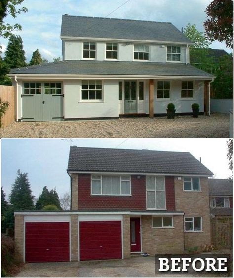 Exterior Makeover. Completely transformed with render, new windows and porch 80s House Remodel Exterior, 60s House Makeover, 1970s Exterior, Rendered Houses, House Transformation, Renovation Exterior, 1970s House, 1960s House, 70s House