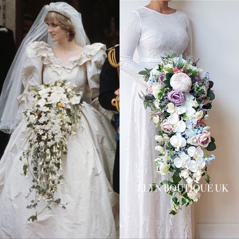 💜The biggest and longest bouquet I’ve ever made. The inspiration came from the princess Diana’s wedding in 1981, this cascading bouquet is among the most of memorable bouquet in the world. This bespoke waterfall bouquet included plenty of greenery among the bridal blooms choice. Ivy and eucalyptus were used to provide the depth and texture. Arranged with exotic orchids and frilly peony to create a modern look cascading bridal style bouquet. 💜Approx. 13” wide / 30” long. #royalwedding #t Waterfall Bouquet, Princess Diana Wedding, Cascading Bouquet, Diana Wedding, Exotic Orchids, Cascade Bouquet, Bridal Bouquets, Flower Bouquet Wedding, Royal Wedding