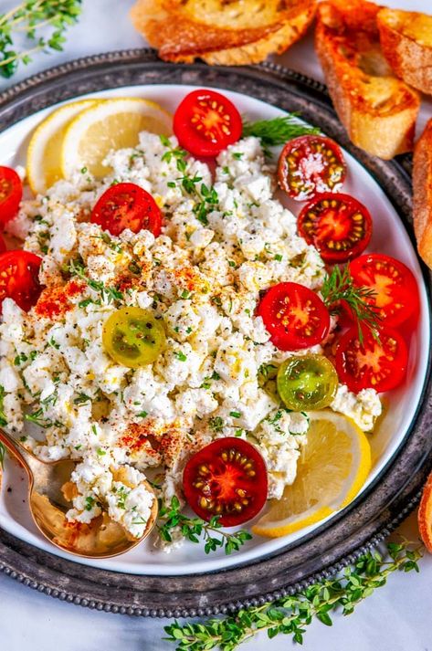 Easy Crumbled Feta Cheese Dip - 5 minute, crowd pleasing feta cheese appetizer with cherry tomatoes, lemon juice, fresh herbs and an olive oil drizzle. Perfect for happy hour and game day! From aberdeenskitchen.com #easy #crumbled #feta #cheese #dip #appetizer #snack #5minute #happyhour #gameday #recipe #glutenfree #vegetarian Feta Cheese Recipes Healthy, Feta Cheese Dip Recipes, Munchie Snacks, Feta Cheese Dip, Cheese Recipes Appetizers, Salad Appetizer Cups, Salad Art, Feta Cheese Recipes, Appetizer Cups