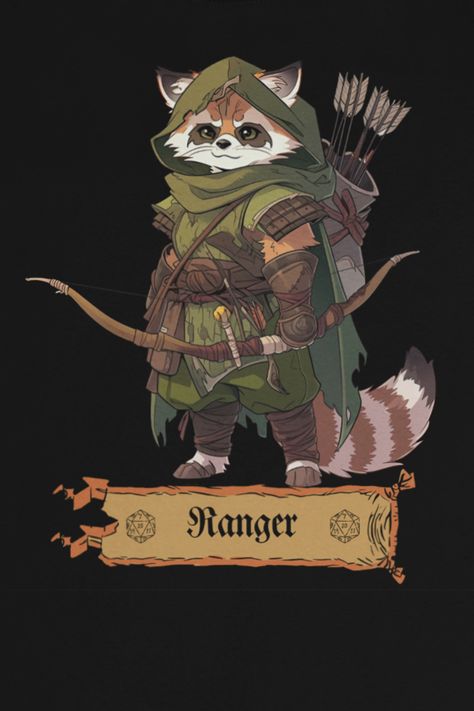 D&D class t-shirt design, drawing of a racoon Ranger holding a bow. Swarmkeeper Ranger Art, Forest Ranger Aesthetic, Dnd Ranger Art, Racoon Character Design, Dnd Ranger Character Design, Ranger Character Design, Archer Dnd, Dnd Tattoo Ideas, Humblewood Character