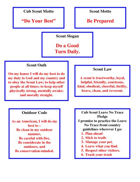 Cub  Motto mottos, laws, etc. all on one page!  Great for Webelos who need to know all of these Cub Scout Oath, Cub Scout Motto, Boy Scout Oath, Boy Scout Law, Scout Oath, Cub Scouts Wolf, Scout Law, Cub Scouts Bear, Tiger Scouts