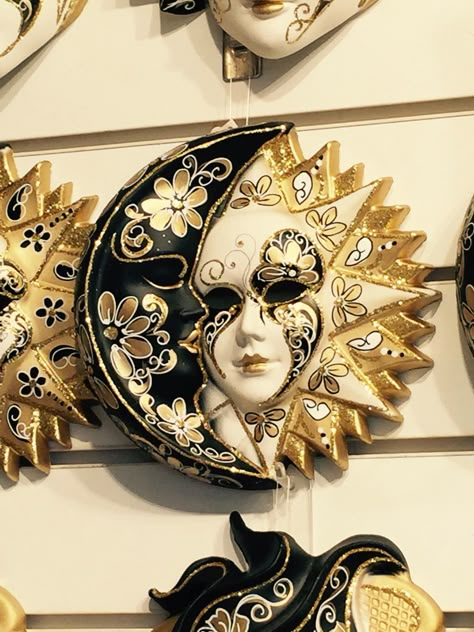 Venetian sun and moon Masquerade Mask Sun, Sun And Moon Masquerade Mask, Sun And Moon Masks, Sun Mask Masquerade, Moon Mask Design, Porcelain Mask Aesthetic, Moon Mask Masquerade, Masquarade Masks, Venician Masks