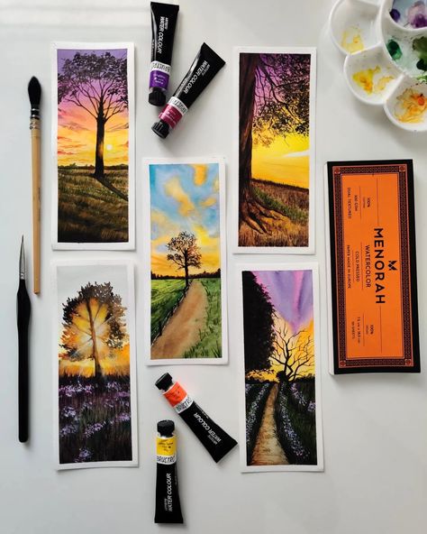 Scenery Drawing Ideas, Gouache Painting Techniques, Card Postal, Cotton Watercolor, Scenery Drawing, Teacher Classroom Decorations, Bookmark Ideas, Creative Bookmarks, Watercolor Bookmarks