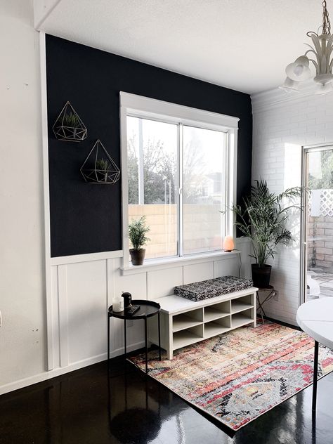 Board And Batten Wall Black And White, Board And Batten Under Window, Black And White Board And Batten, Board And Batten Window Wall, Board And Batten With Window, Board And Batten Around Windows, Feature Wall With Window, Accent Wall Around Window, Board And Batten Wall With Windows