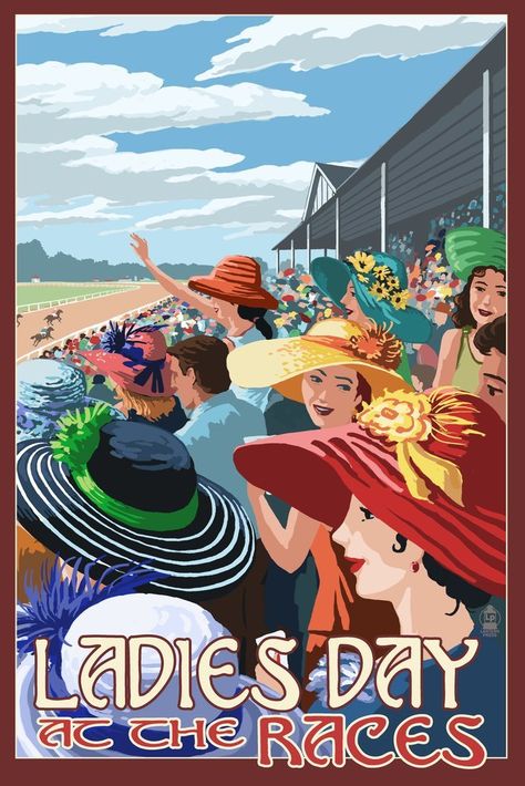 Kentucky - Ladies Day at the Track Horse Racing (36x54 Giclee Gallery Print, Wall Decor Travel Poster) *** Special  product just for you. See it now! : Kitchen Table Linens Kentucky Derby Poster, Derby Gala, Kentucky Derby Party, Racing Art, 2025 Fashion, Racing Posters, Retro Travel Poster, People Watching, Derby Party