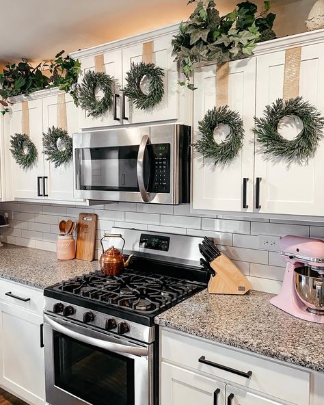 Christmas Wreath Home Decor Craft Wreaths On Kitchen Cabinets, How To Make Kitchen Cabinets, Farmhouse Cozy, Wreath Kitchen, Kitchen Wreath, Kitchen Cabinets Decor, Christmas Kitchen Decor, Mini Wreaths, Diy Kitchen Cabinets