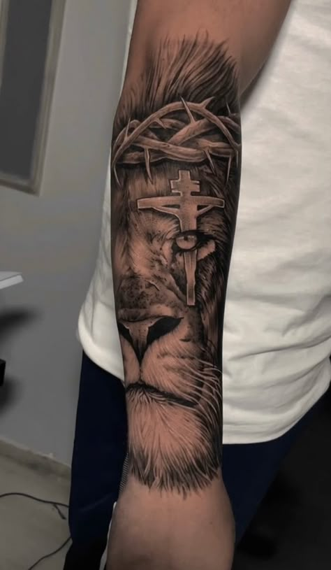 Lion tattoo Cover Up Tattoos Forearm, Forearm Lion Tattoo, Lion Cross Tattoo, Lion Arm Tattoo, Thorn Tattoo, Sibling Tattoos, Religious Tattoo, Tattoo Design Book, Tattoo Cover-up