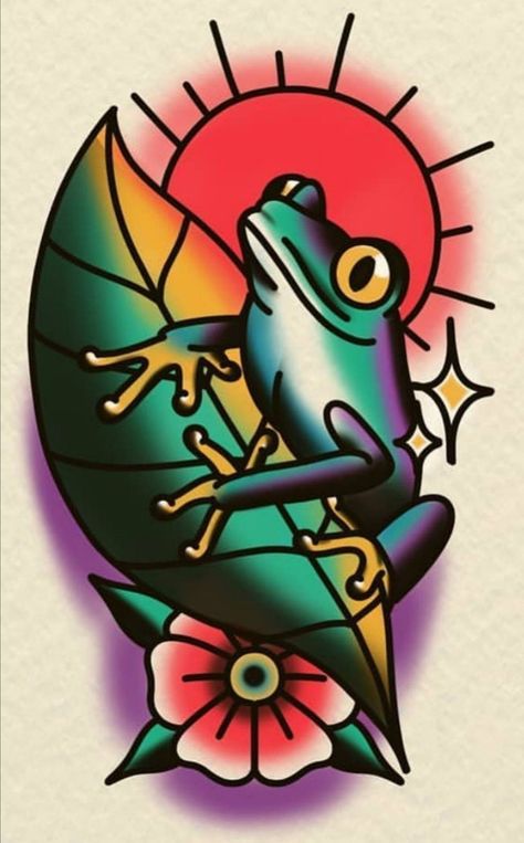 New School American Traditional Tattoo, New School Traditional Tattoo Designs, Traditional Tattoo Art Color, Old School Frog Tattoo, Old School Color Tattoo, American Traditional Frog Tattoo, Frog Tattoo Traditional, Traditional Nature Tattoo, Traditional Frog Tattoo