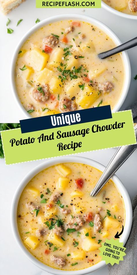 Savor the rich flavors of our Potato and Sausage Chowder Recipe! This creamy soup combines tender potatoes and zesty sausage for a satisfying meal that’s both nourishing and delicious. Perfect for cozy nights in, this chowder is a must-try addition to your soup collection! Sausage Chowder, Recipe For Soup, Potato And Sausage, Potato Sausage, Sausage Potato Soup, Sausage Rice, Comfy Food, Creamy Potatoes, Soup Lovers