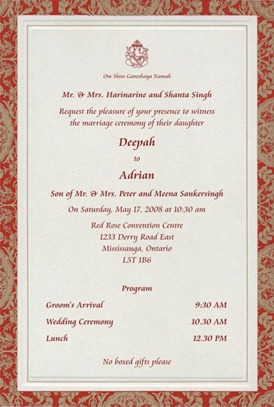 Click to magnify/shrink Marriage Cards Design Indian, Hindu Marriage Invitation Card Design, Marriage Invitation Cards Indian Hindu, Hindu Wedding Invitation Cards Marriage, Hindu Wedding Invitation Wording, Indian Wedding Invitation Wording, Wedding Reception Invitation Wording, Hindu Marriage, Sample Wedding Invitation Wording