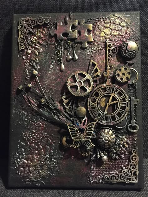 Steampunk Diy Crafts, Steampunk Journal, Steampunk Mixed Media Art, Diy Acrylic Painting, Steampunk Wall Art, Steampunk Mixed Media, Steampunk Wall, Mixed Media Art Techniques, Mixed Media Art Projects