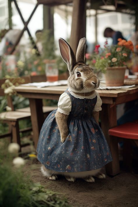 MP: anthropomorphic beautiful female rabbit, wearing pinafore women’s dress fashion at a garden party, photography by Julia Hetta::5, multiple images, writing, words, text::-2, --v 5 --q 2 --ar 2:3 --s 750 Humanoid Rabbit, Julia Hetta, Female Rabbit, Party Photography, Multiple Images, Ceramic Ideas, Writing Words, Easter Ideas, Dress Fashion