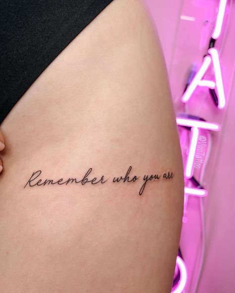 𝓢𝓶𝓪𝓵𝓵 𝓣𝓪𝓽𝓽𝓸𝓸𝓼 on Instagram: ““Remember who you are” 💖✨ - Follow us for more ♡ @Smalltattoosss ———————————————— #SmallTattoo #tattoos #tattoo #ink #inked #inkaddict…” Disney Quotes Tattoos, Remember Who You Are Tattoo, Disney Quote Tattoos, Disney Tattoos Quotes, Rib Tattoo Quotes, Remember Tattoo, Spanish Tattoos, Jaguar Tattoo, Disney Quote