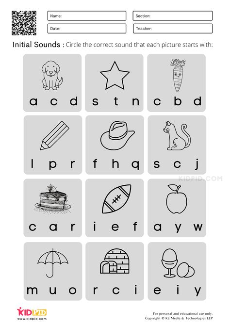 Initial Sounds Worksheets for Kindergarten - Kidpid | Free Printable Worksheets Games Th Sound Worksheet, Learning Letters Kindergarten, Letter Sound Worksheets, Initial Sounds Worksheets, Letter Sounds Kindergarten, Sounds Worksheet, Beginning Sounds Worksheets, Sound Board, Kindergarten Phonics Worksheets