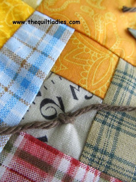 How to Tie a Quilt by The Quilt Ladies - Beth Ann Doing Tie Quilting, Tied Quilts, Quilters Knot, Tie Quilts, Denim Quilts, History Of Quilting, Quilt Pattern Book, Jean Quilt, Log Cabin Quilt Pattern