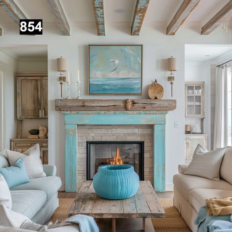 Please do not purchase a Mantel without first filling out the Quote Form and receiving a quote from us. Quote Form: https://form.jotform.com/240524957086059 Introducing our exquisite collection of reclaimed wood beam fireplace mantels, each one uniquely distressed to perfection, exuding rustic charm and timeless elegance. Crafted from high-quality reclaimed pine wood beams, these mantels boast a weathered paint finish that reveals the natural beauty of the wood beneath, creating a stunning visua Nautical Fireplace Mantle, Beach Fireplace Ideas, Fireplace Beach House, Coastal Fireplace Mantle, Beach House Fireplace Ideas, Seaside Cottage Aesthetic, Coastal Mantle, Boho Coastal Living Rooms, Coastal Fireplace Ideas