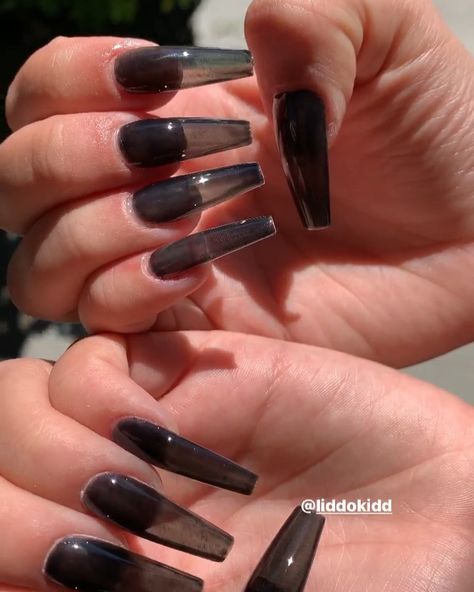 BLACK JELLY BABY🖤⚡️ . . . #blackjellynails #jellynails #clearnails #glassnails #nailporn Dark Jelly Nails, Black Jelly Nails, Matte Nails Glitter, Nails Images, Future Nails, Black Almond Nails, Sharp Claws, Clear Acrylic Nails, Acrylic Ideas