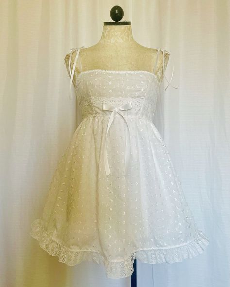 Cotton eyelet babydoll dress with satin ribbon spaghetti straps Babydoll Dress Corset, Summer Dress With Short Sleeves, Cute Baby Doll Dress, Babydoll Slip Dress Outfit, Coquette Babydoll Dress, Aesthetic Babydoll Dress, Vintage Casual Dress, Lizlisa Dresses, Babydoll Dress Long Sleeve