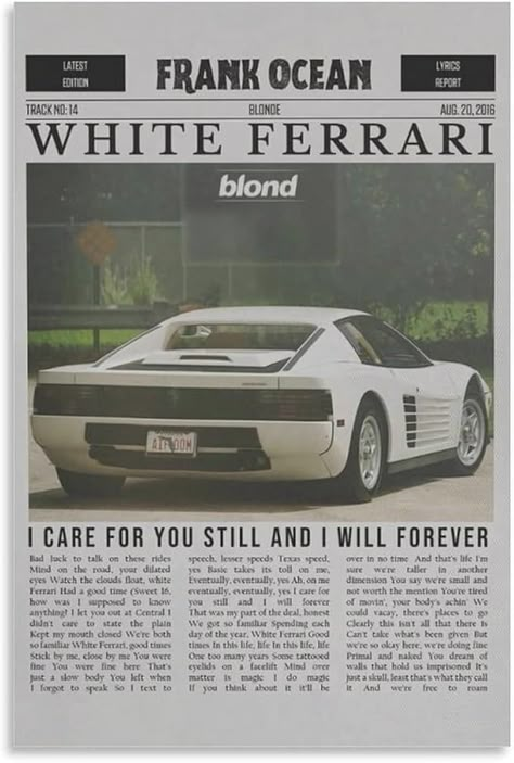 Amazon.com: VTYRTOWN Frank Ocean White Ferrari Canvas Poster Wall Decorative Art Painting Living Room Bedroom Decoration Gift Unframe-style12x18inch(30x45cm): Posters & Prints Blond Poster Frank Ocean, Frank Ocean Print, Blond Poster, Poster Frank Ocean, Black And White Luxury, Frank Ocean Songs, Dorm Room Poster, Frank Ocean Poster, Frank Ocean Wallpaper