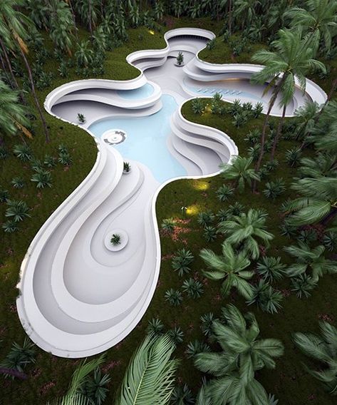 subterranean swimming pool mimics eroded landform with multiple levels Roman Vlasov, Underground Swimming Pool, Villa Architecture, Architecture Cool, Parametric Architecture, Garden Oasis, Swimming Pool Designs, Pool Designs, Amazing Architecture