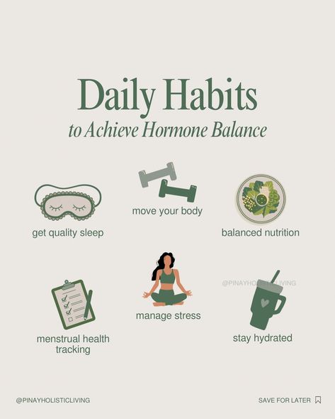 Daily Habits for Hormone Balance and Overall Wellness: Morning and Evening Edition Morning: - Drink a glass of warm water - Get morning sunlight exposure - Start with a nutrient-rich breakfast - Strive for 30 minutes of moderate exercise - Practice 5-10 minutes of breathing exercises or meditation - Drink at least 8 glasses of water daily - Log your menstrual cycle and symptoms in a journal or tracking app Evening: - Enjoy herbal teas like chamomile or peppermint - Have a light, nu... Moderate Exercise, Rich Breakfast, Nutritious Dinner, Glasses Of Water, Morning Sunlight, Hormonal Imbalance, Feminine Health, Power Foods, Tracking App