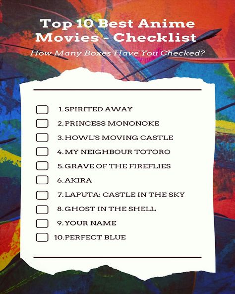 Top 10 Best Anime Movies, Best Anime Movies List, Best Anime Movies To Watch List, Anime Movies To Watch On Netflix Best, Must Watch Anime Movies, Anime Movie Checklist, Good Anime Movies To Watch, Top 10 Anime List, Anime Checklist To Watch