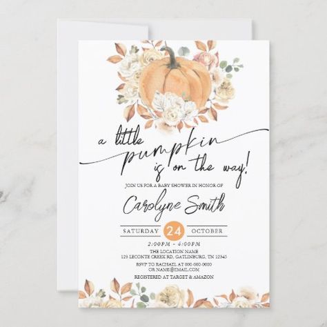 $2.95 | Little Pumpkin Autumn Floral Fall Baby Shower #pumpkin baby shower, fall baby shower, pumpkin baby shower invitation, little pumpkin, autumn, little pumpkin on her way, pumpkin, little pumpkin baby shower invitation, baby girl, autumn floral Fall Gender Reveal Party, Pumpkin Gender Reveal, Fall Bridal Shower Invites, Fall Baby Shower Invites, Pumpkin Wedding, Autumn Invitations, Gender Reveal Party Invitations, Pumpkin Autumn, Fall Bridal Shower